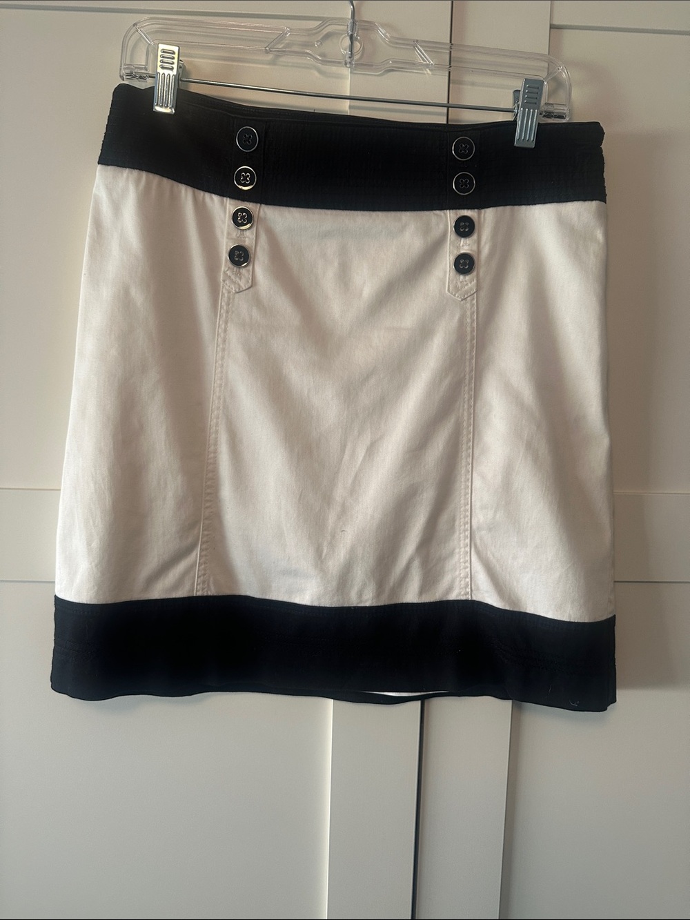 White House Black Market Black and White Button-Trim Mini Skirt